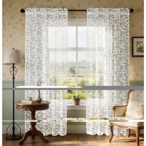 Rinwoc White Lace Sheer Curtains – Vintage Leaf Pattern Lace 2 Panels 52 X 96”